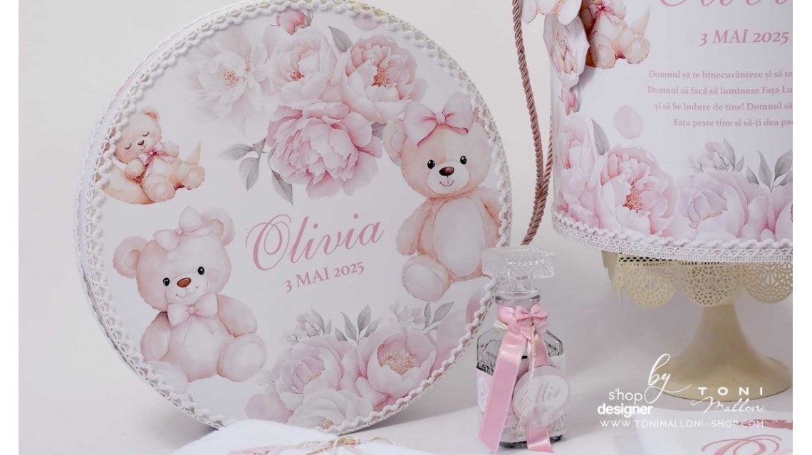Trusou botez cu ursuleti si flori roz Teddy Bear Baby Girl 18